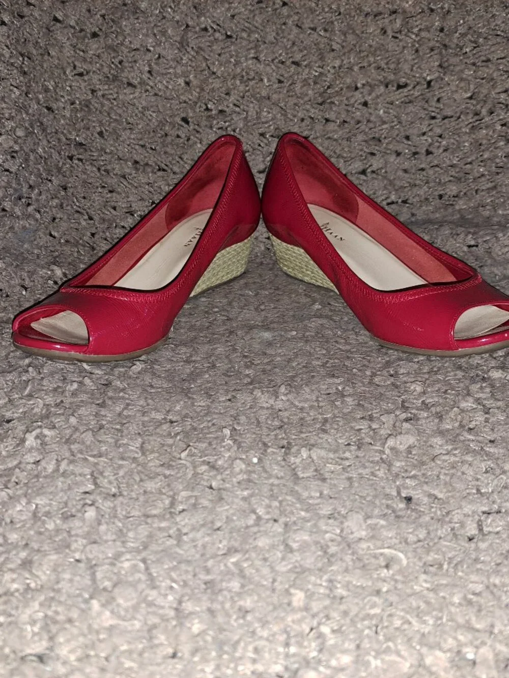 COLE HAAN- Cherry Red Patent Leather-Peep Toe Espadrille Wedge-Sz 6-Near Mint